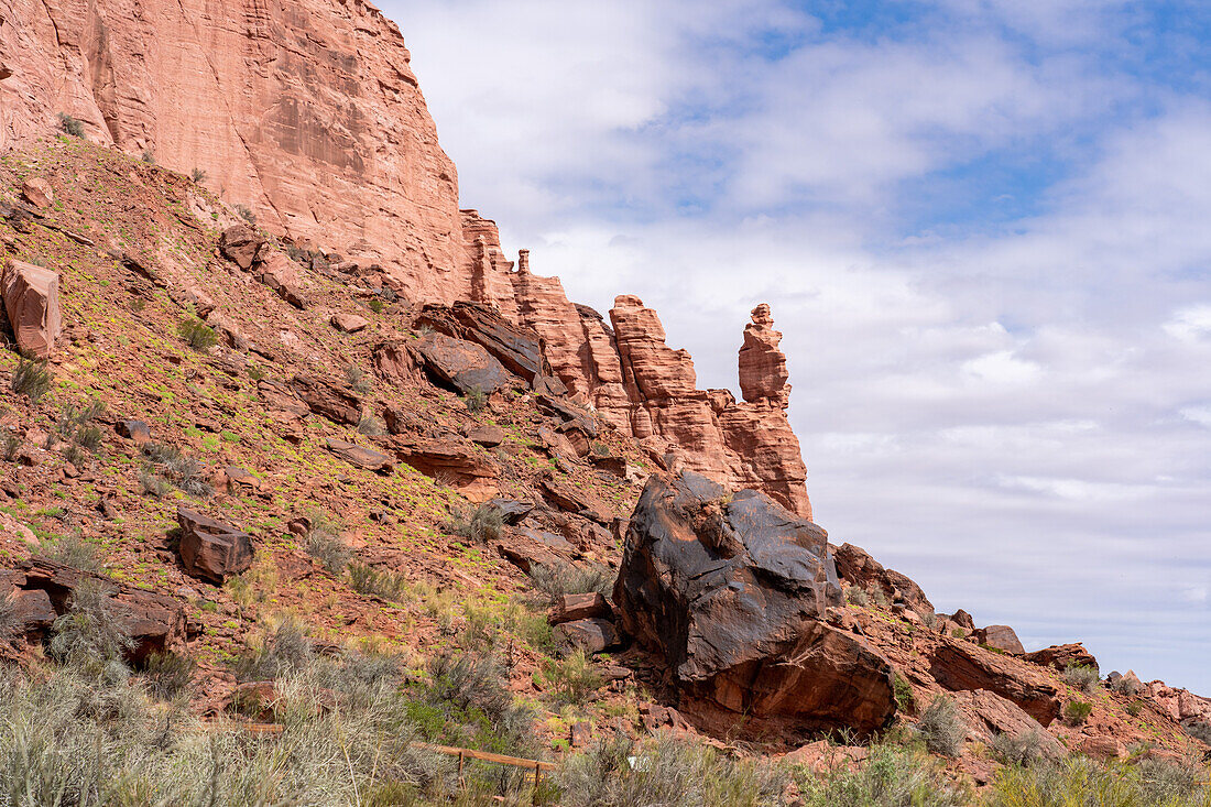 A rock spire in the Talampaya Formation sandstone at the Puerta del Cañon in Talampaya National Park, Argentina.