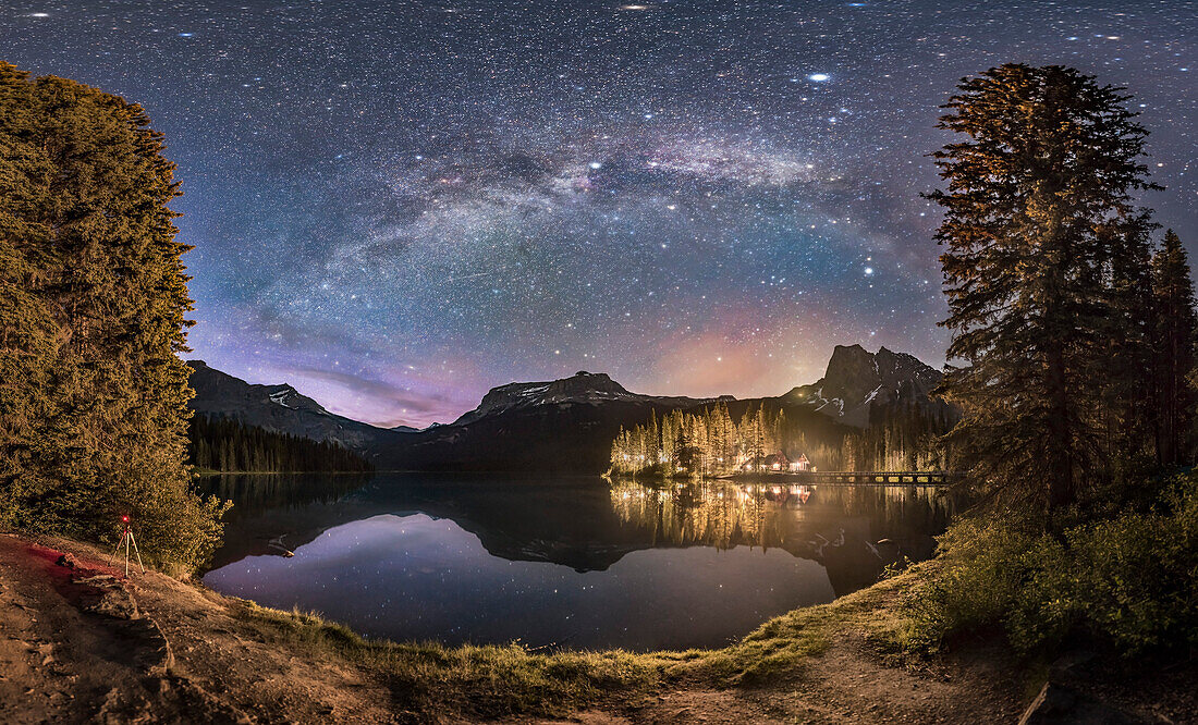 The Milky Way arching over Emerald Lake and Emerald Lake Lodge in Yoho National Park, BC. This was on June 6, 2016 and despite it being about 1:30 am, the sky, especially to the north at left, is still lit by blue twilight from the short solstice night.