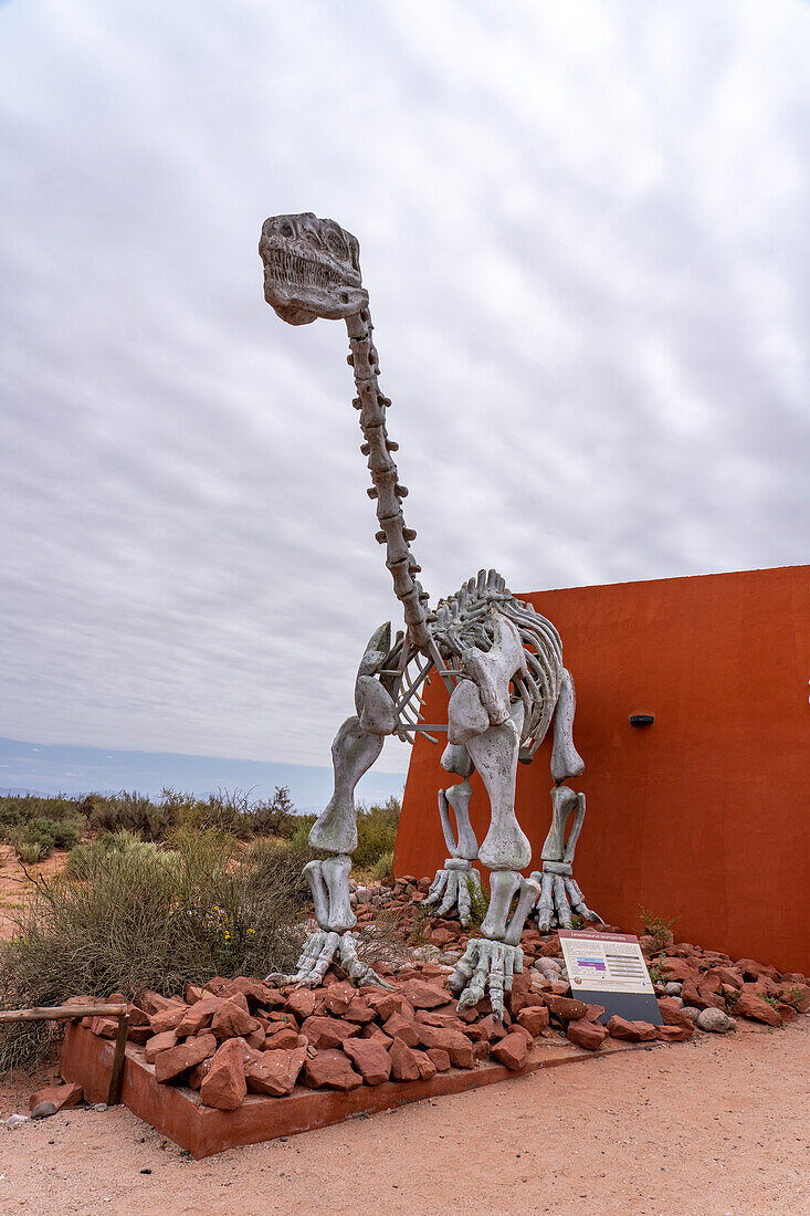 Ein rekonstruiertes Skelett von Lessemsaurus sauropoides am Triassic Trail im Talampaya National Park, Argentinien.