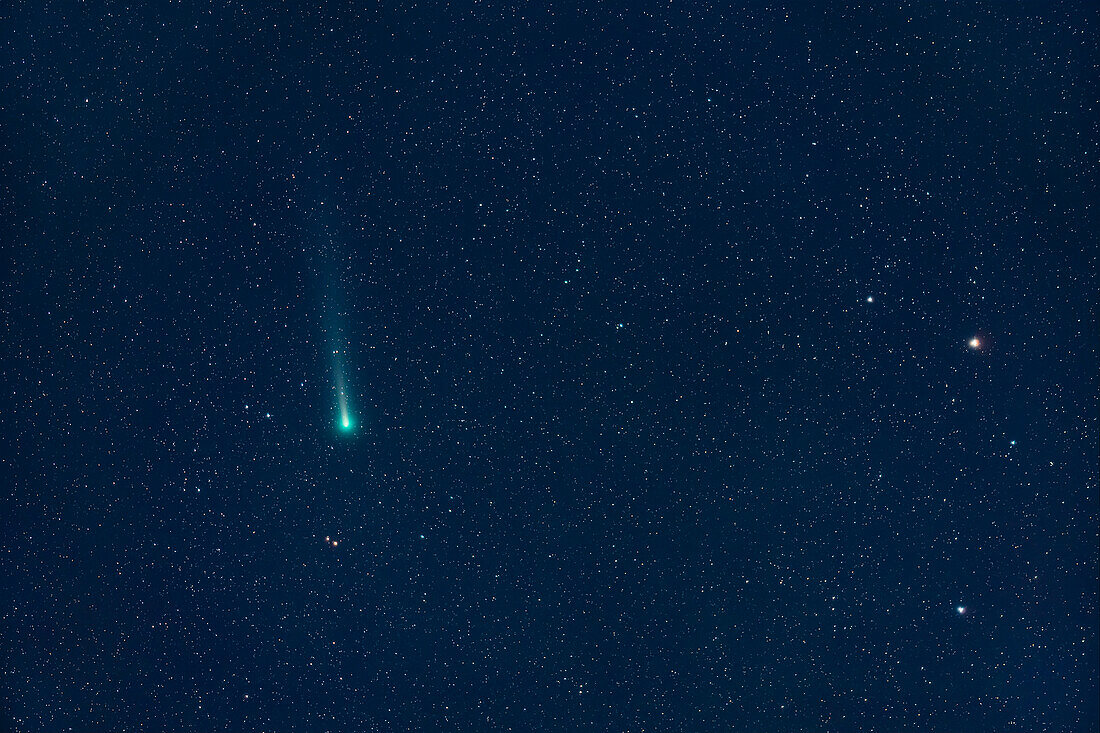 Komet Leonard (C/2021 A1) am Morgen des 10. Dezember 2021, mit einem 200-mm-Teleobjektiv für ein Sichtfeld von 10° x 6,8°. Der Schweif scheint hier etwa 3,5° lang zu sein. Die Aufnahme entstand gegen 6:30 Uhr MST, als der Komet so hoch wie möglich stand, obwohl der Himmel bereits anfing, sich im Blau der Morgendämmerung aufzuhellen. Der charakteristische Cyan-Farbton der Koma des Kometen ist deutlich zu erkennen.