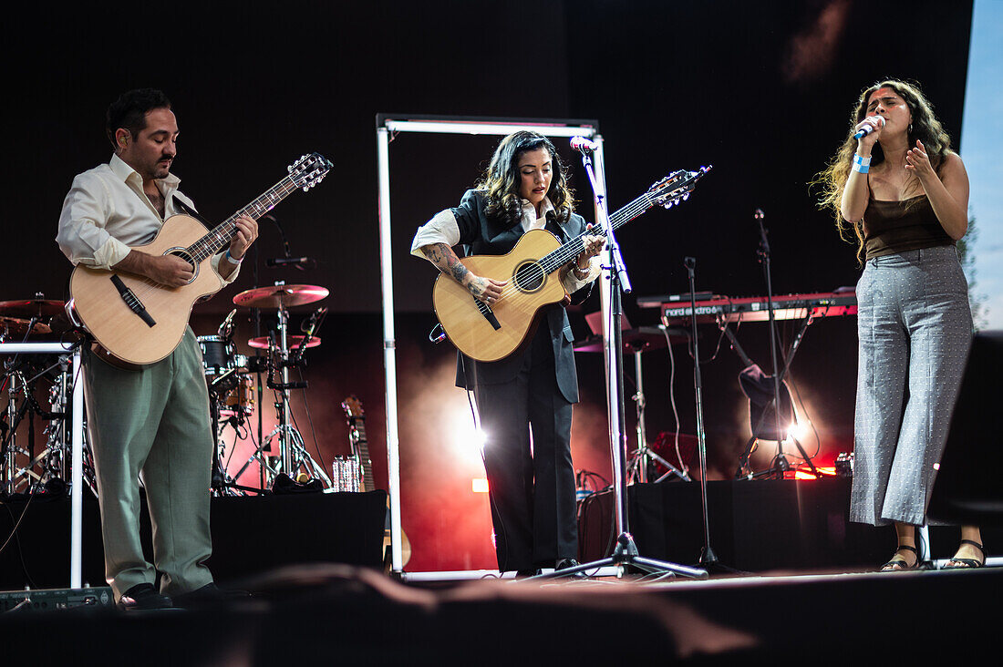 Chilean artist Mon Laferte performs with Mexican artist Silvana Estrada during Vive Latino 2022 Festival in Zaragoza, Spain