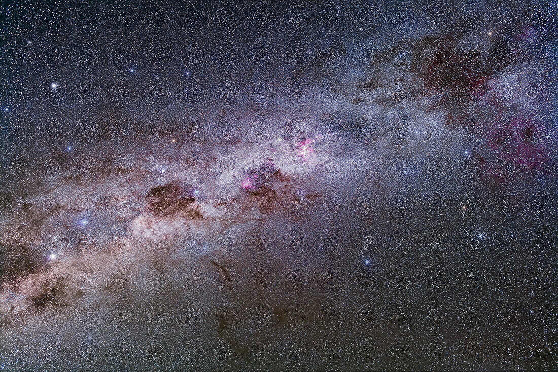 Splendours of the southern Milky Way from Vela (at top right) to Centaurus (at bottom left), including the Carina Nebula, Crux and Coal Sack, and Alpha and Beta Centauri. A part of the huge Gum Nebula is at far right. The False Cross is at right, with the large cluster NGC 2516, the Diamond Cluster, below it. The globular cluster Omega Centauri is at upper left.