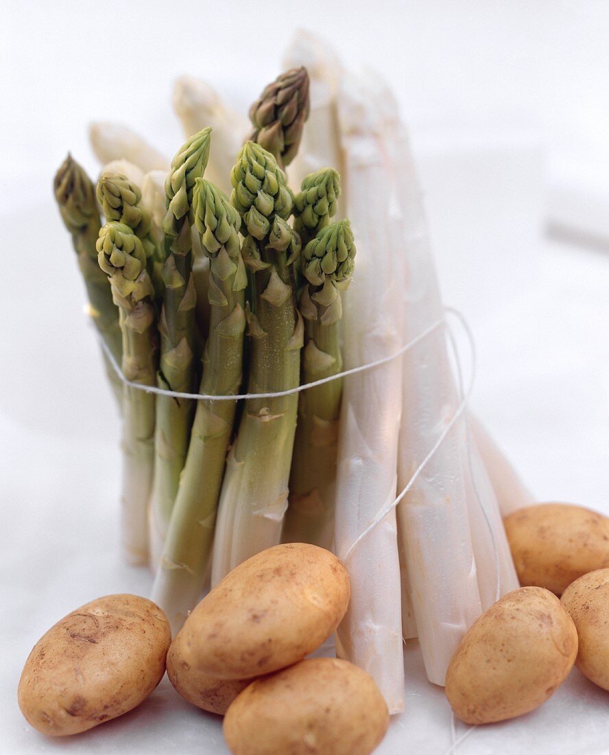 Green and White Asparagus Bundled; Potatoes