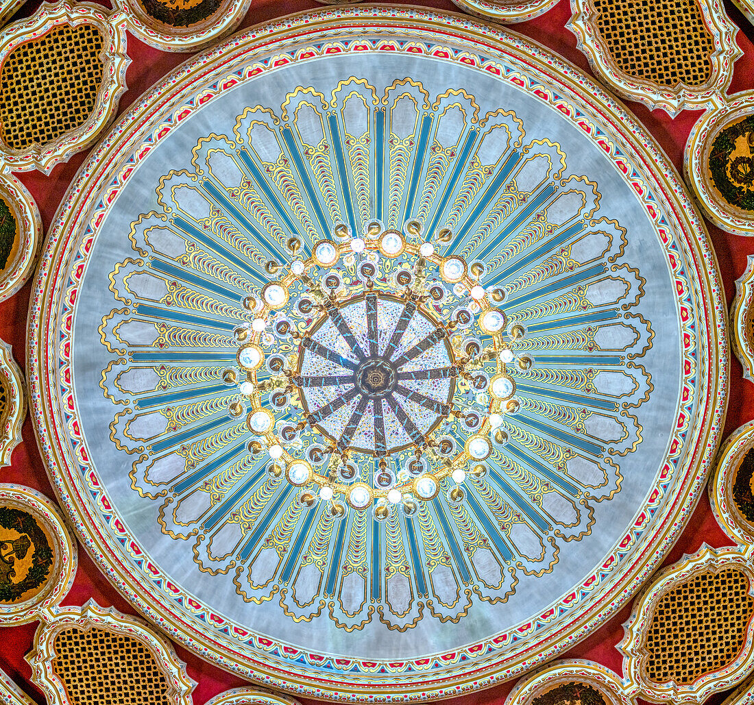 Ceiling of the Lope de Vega Theatre Hall (Sevilla, Spain), with the big chandelier in the middle.