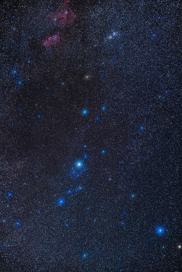 A framing of most of the constellation of Perseus, with the brightest star in the constellation, Mirfak or Alpha Persei at centre. At lower right is Algol, the Demon Star. At top is the Double Cluster of stars, aka NGC 868 and 884, while at top left is the Heart and Soul Nebula complex, aka IC 1805 and IC 1848. The small star cluster NGC 1245 lies between Mirfak and Algol. The bright Messier cluster M34 is just off frame at right. The bright blue stars surrounding Mirfak are the Perseus OB3 Association, or Melotte 20, aka the Alpha Persei Moving Group.