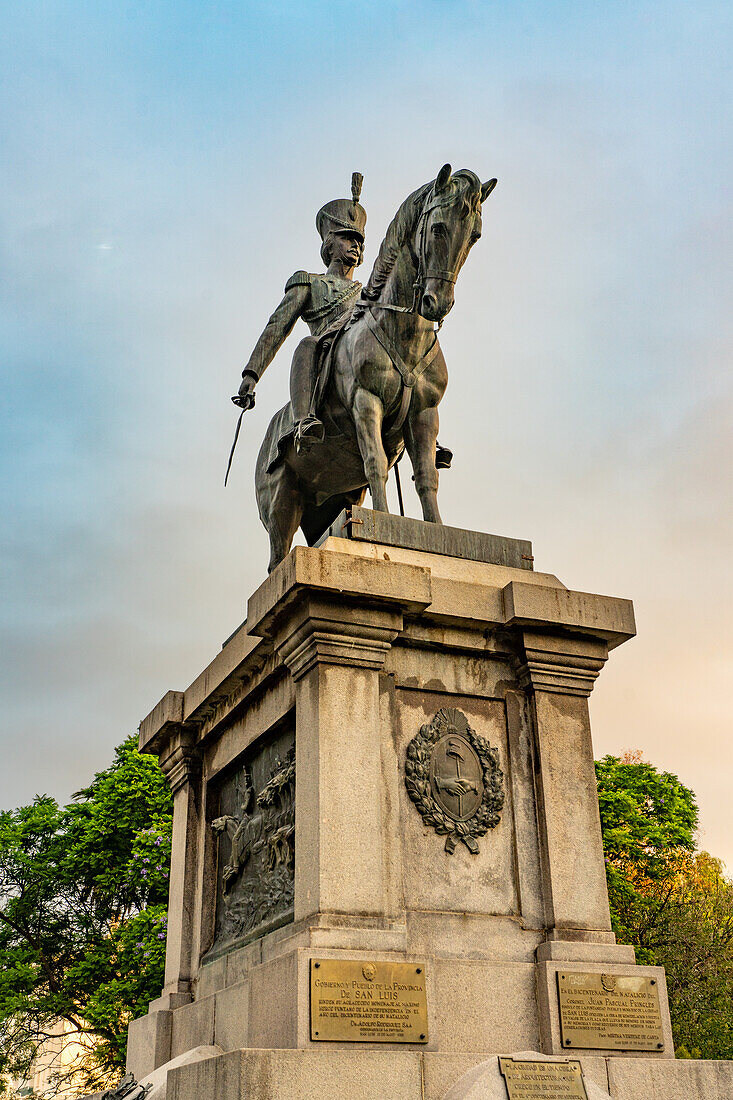An equestrian statue of Colonel Juan Pascual Pringles in Plaza Pringles in San Luis, Argentina. He was soldier in the war of independence from Spain and died in the Argentine civil war.