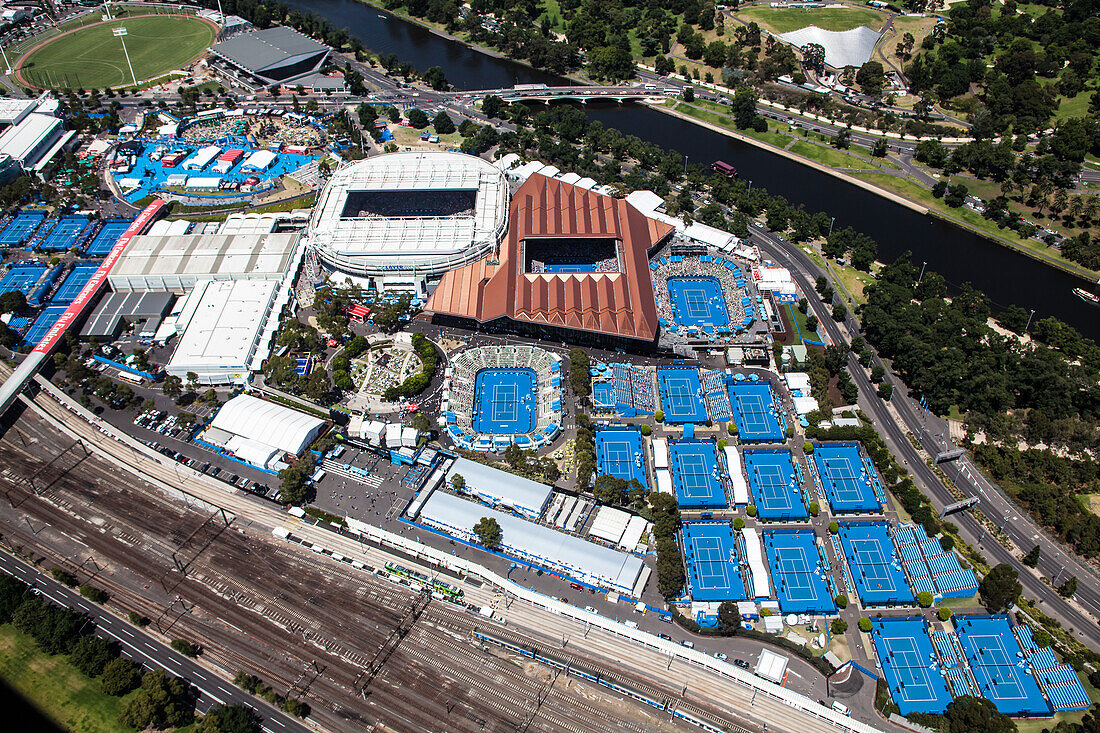 Aerial view of the Australian Open Tennis tournament, Melbourne, Australia.