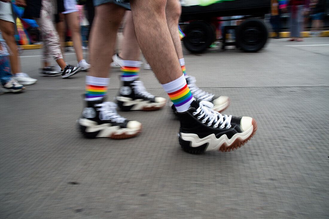People take part during the international pride parade demonstrations in Bogota, Colombia, July 2, 2023.
