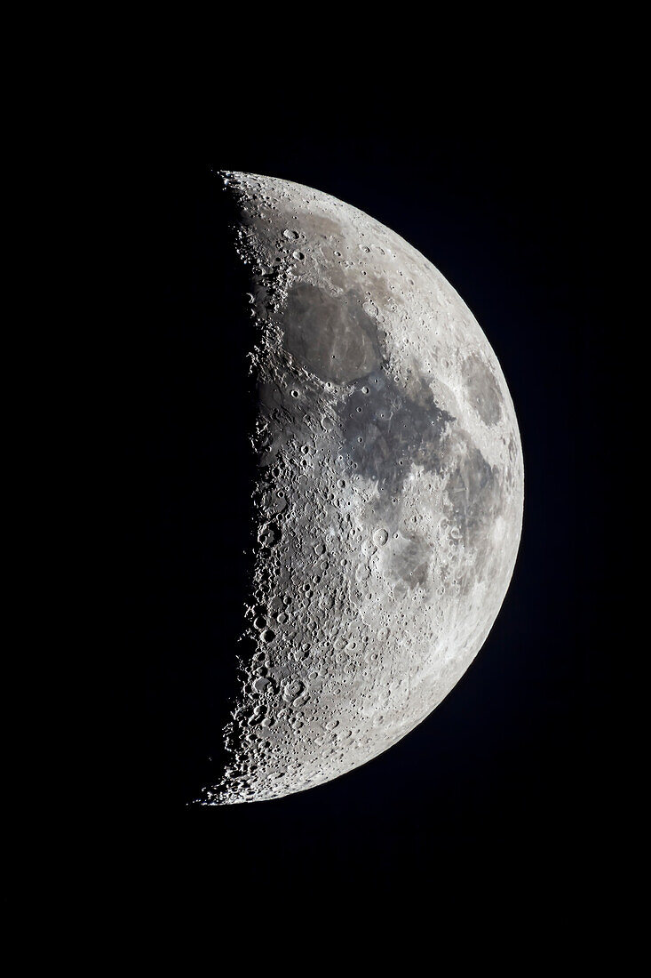 The 6.5-day-old Moon (approximately) with the Lunar X (below centre) and V (above centre) formations well lit on the terminator. This phase has an incredible amount of detail and variety of features visible along the terminator.