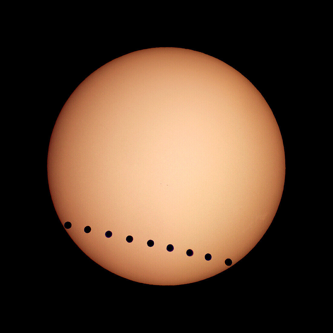 Transit der Venus, 8. Juni 2004, von Luxor, Ägypten aus. Ein zusammengesetztes Bild (in Photoshop überlagert) aus einzelnen Mehrfachaufnahmen, die kurz nach dem 2. Kontakt und kurz vor dem 3. Kontakt gemacht wurden. Aufgenommen mit einer Sony DSC-V1 Digitalkamera, die afokal durch ein 40-mm-Okular und einen apochromatischen 90-mm-Refraktor, äquatorial montiert und angetrieben, aufnahm. Aufgenommen durch einen Baader-Sonnenfilter, der eine weiße Sonne ergibt. Die gelbe Färbung wurde in Photoshop hinzugefügt.