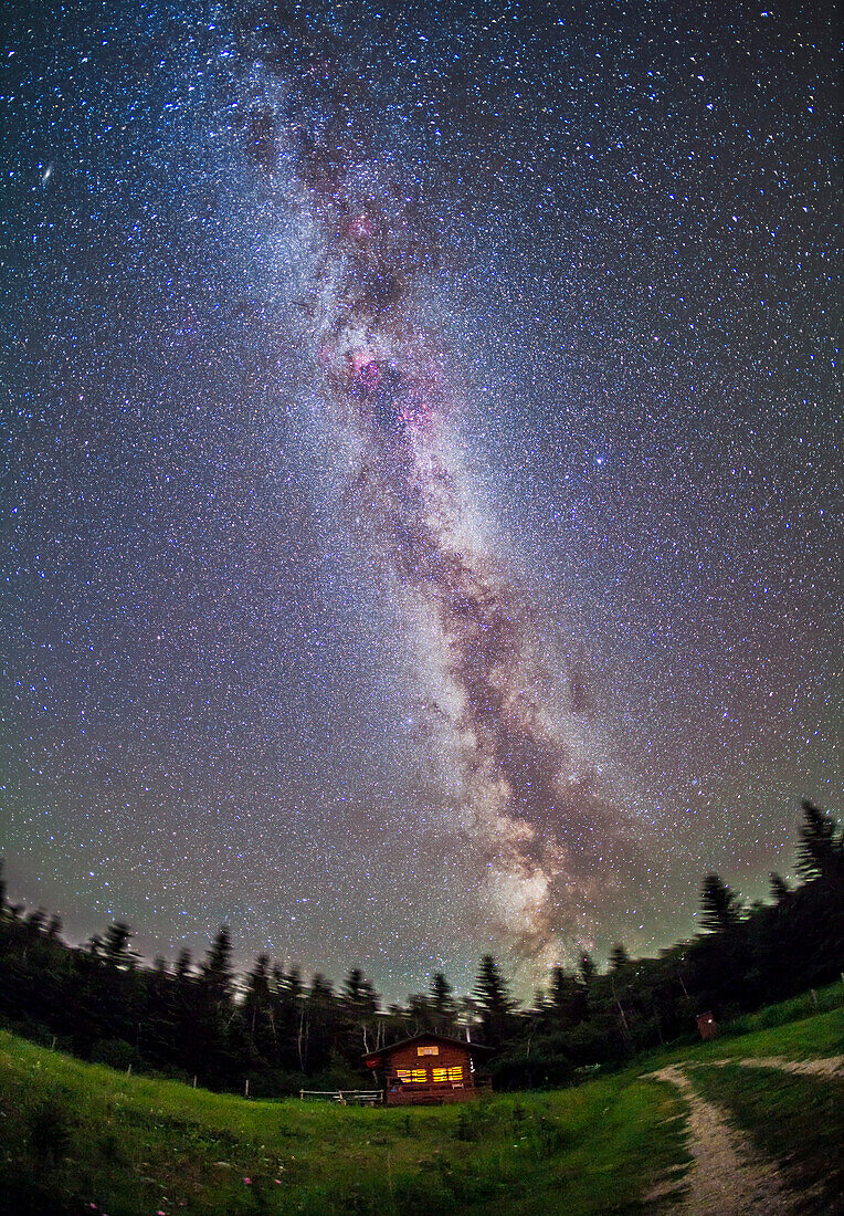The summer Milky Way over the Log Cabin at the Reesor Ranch, July 16, 2013. This is a stack of 5 x 4 minute tracked exposures for the sky + one 4 minute untracked exposure for the ground. Each at f/2.8 with the 15mm lens and Canon 5D MkII at ISO 1600.