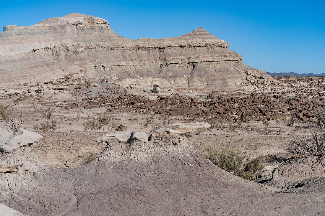 Eroded geologic formations in the barren landscape in Ischigualasto Provincial Park in San Juan Province, Argentina.