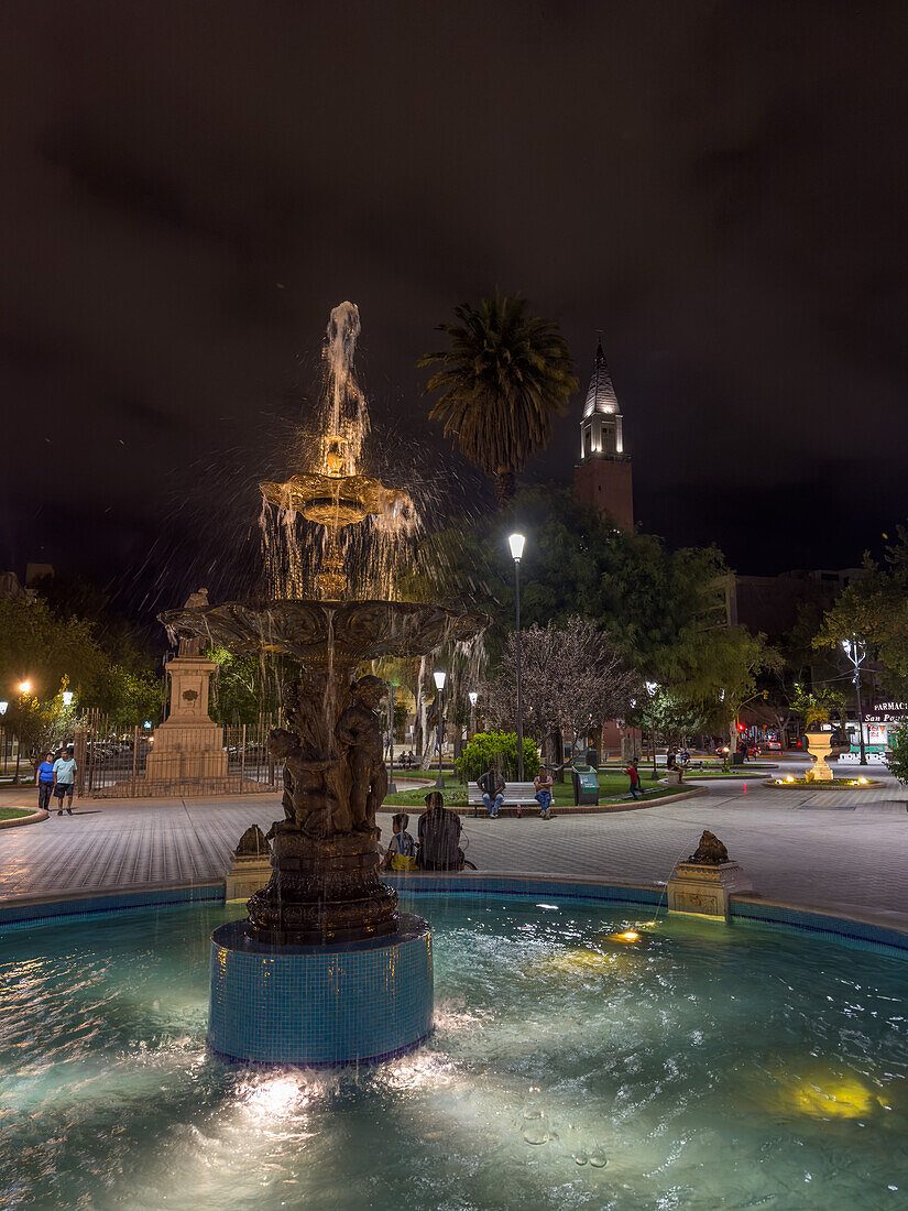 A fountain in the Plaza 25 de Mayo or main square in San Juan, Argentina.