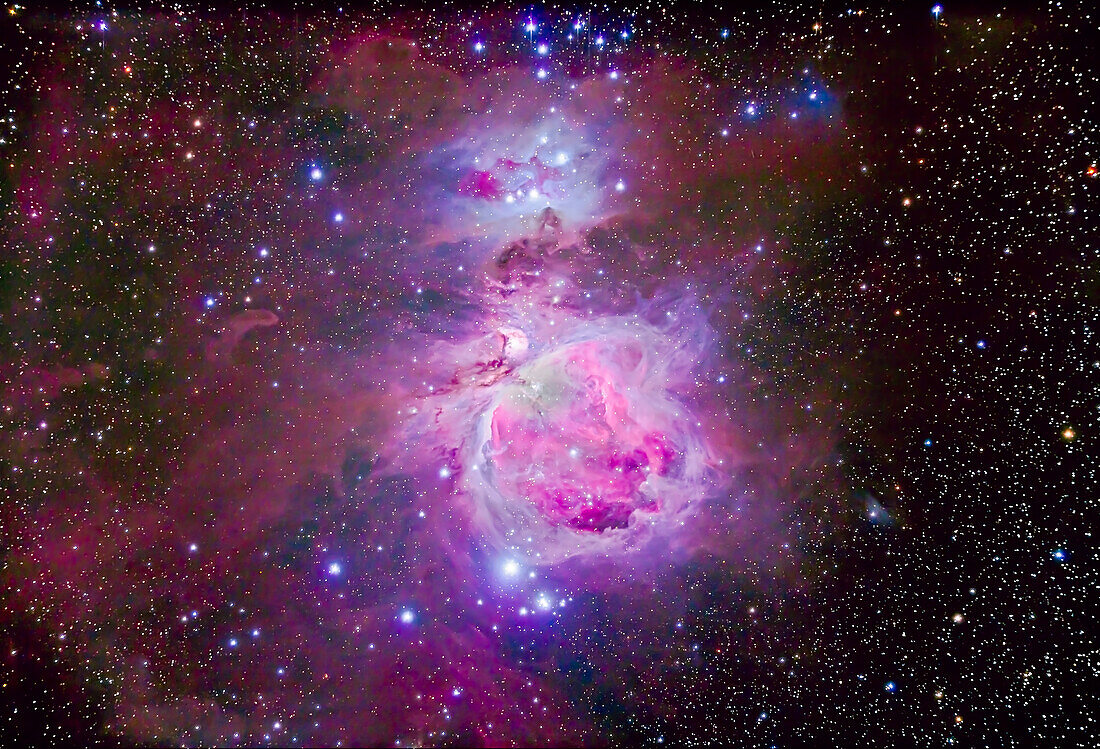 The Orion Nebula complex consisting of M42, M43 and the reflection nebula area known as the Running Man Nebula, NGC 1973-5-7. NGC 1981 is the blue star cluster at top north edge. North is up, though in the sky from Australia where this was shot the object appeared upside down compared to this northern-centric view.
