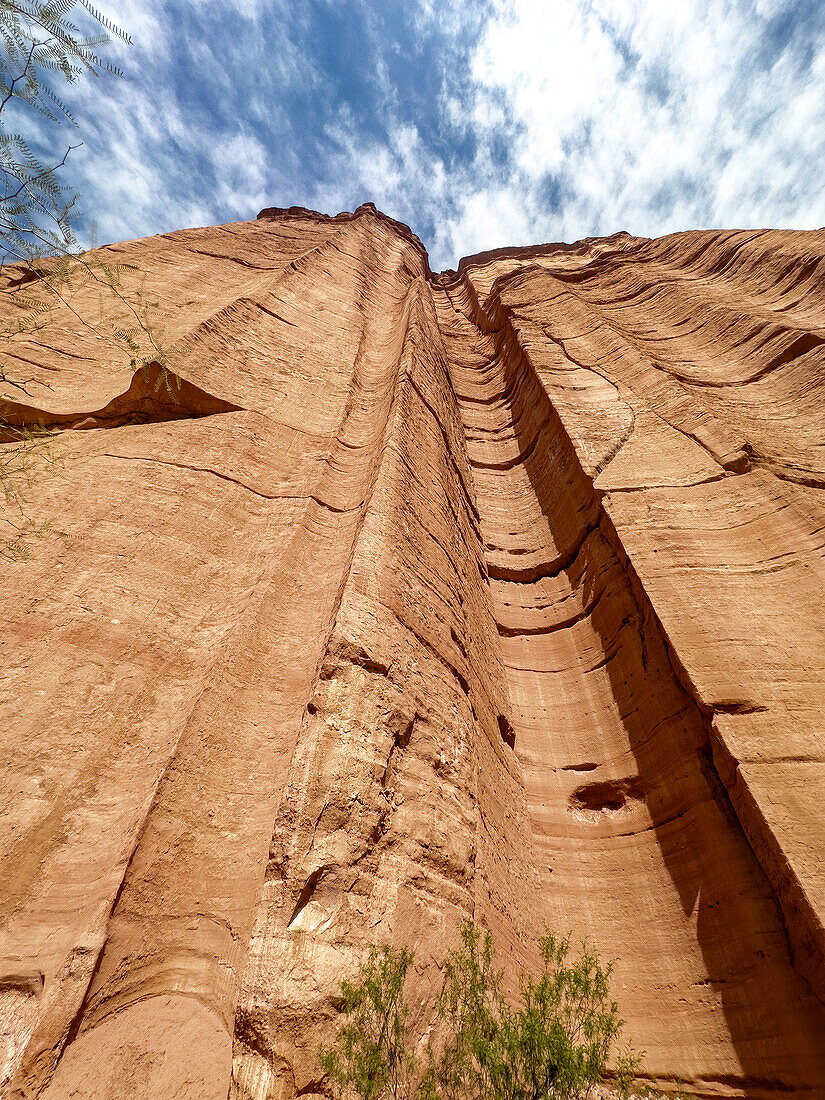 The Chimney, an eroded channel in the sandstone wall of the Talampaya Gorge in Talampaya National Park in Argentina.