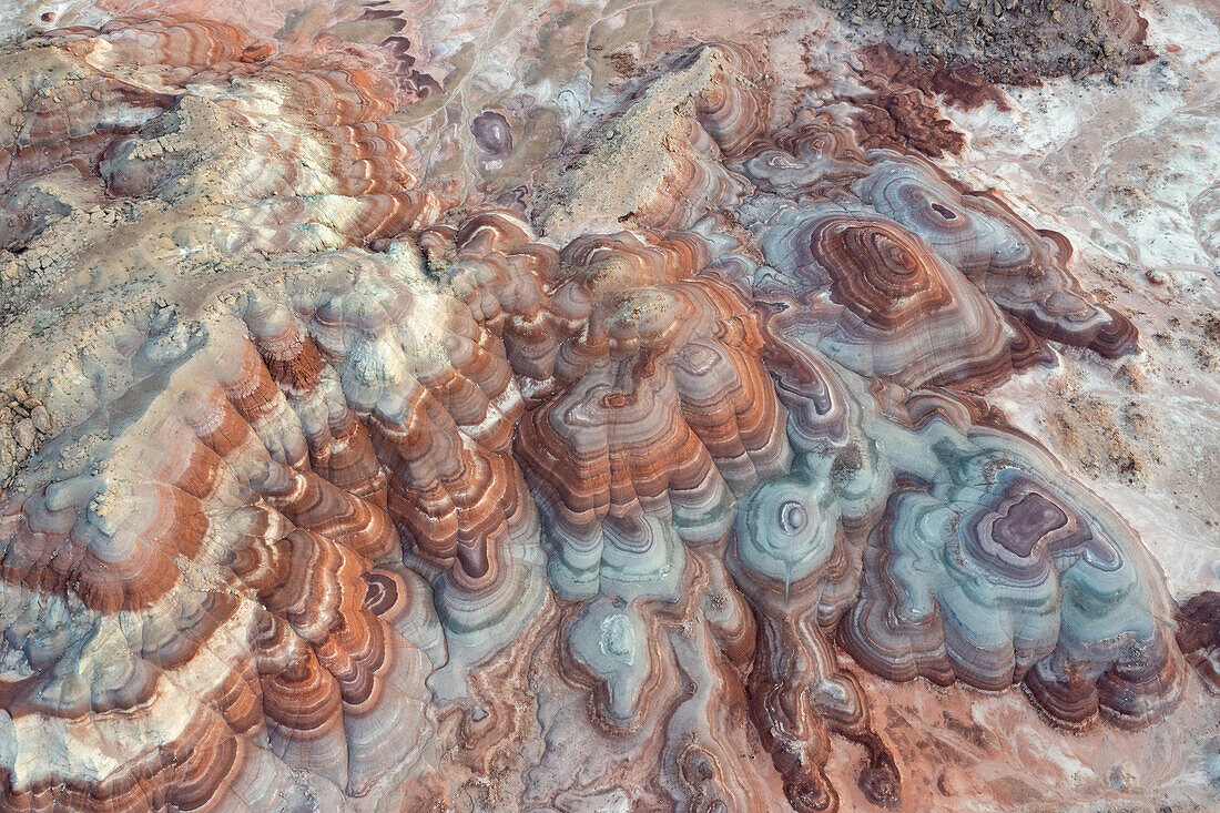 Aerial view of the colorful Bentonite Hills, near Hanksville, Utah.