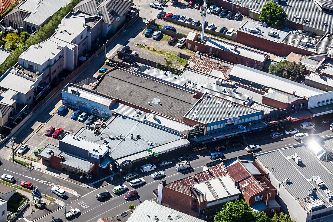 Close up aerial view of Upper Heidelberg Road in Ivanhoe, Victoria, Australia