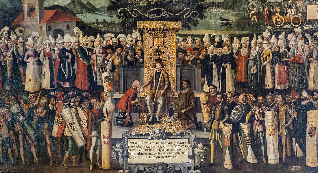 Besamanos a Fernando el Católico por los Vizcaínos en 1476 by Francisco Mendieta. Iconic painting in the assembly chamber of Casa de Juntas de Gernika, Gernika, Basque Country, Spain