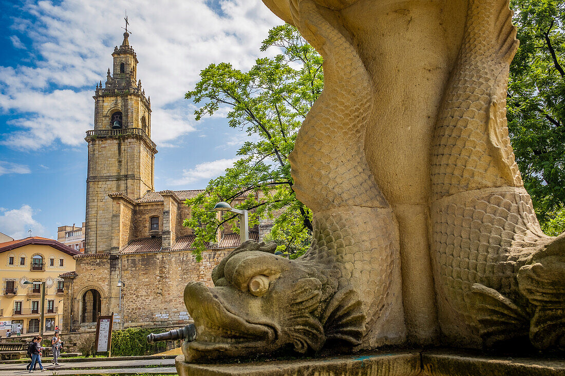 Fountain and church of Santa Ana, Durango, Basque country, Spain