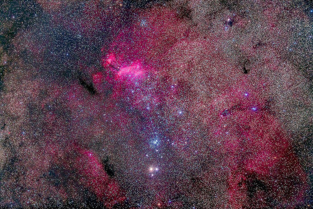 Das Gebiet des Falschen Kometenhaufens im südlichen Skorpion, das den offenen Sternhaufen NGC 6231 und den Emissionsnebel IC 4628 umfasst, sowie den offenen Sternhaufen NGC 6242 oben. Dies ist ein hervorragendes Feld für ein Fernglas.