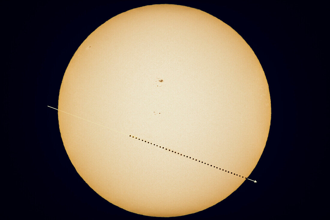 A composite image of the May 9, 2016 transit of Mercury across the Sun, with Mercury at a perfect “inferior conjunction” between the Sun and Earth. Transits happen only rarely, about 13 per century. The next is November 11, 2019. Then in 2032.