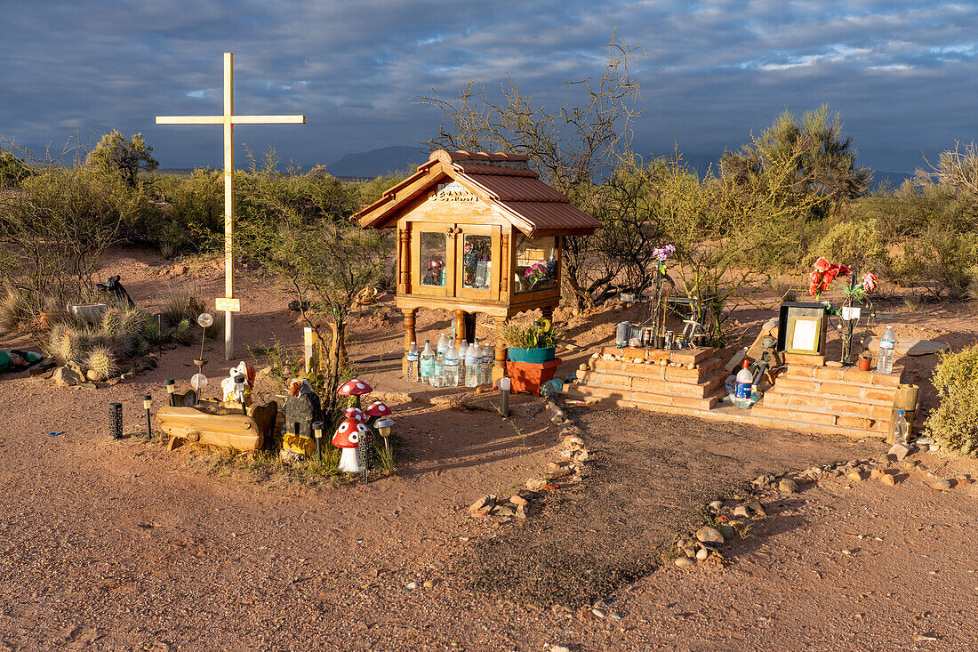 A roadside shrine along a highway in rural La Rioja Province in Argentina.