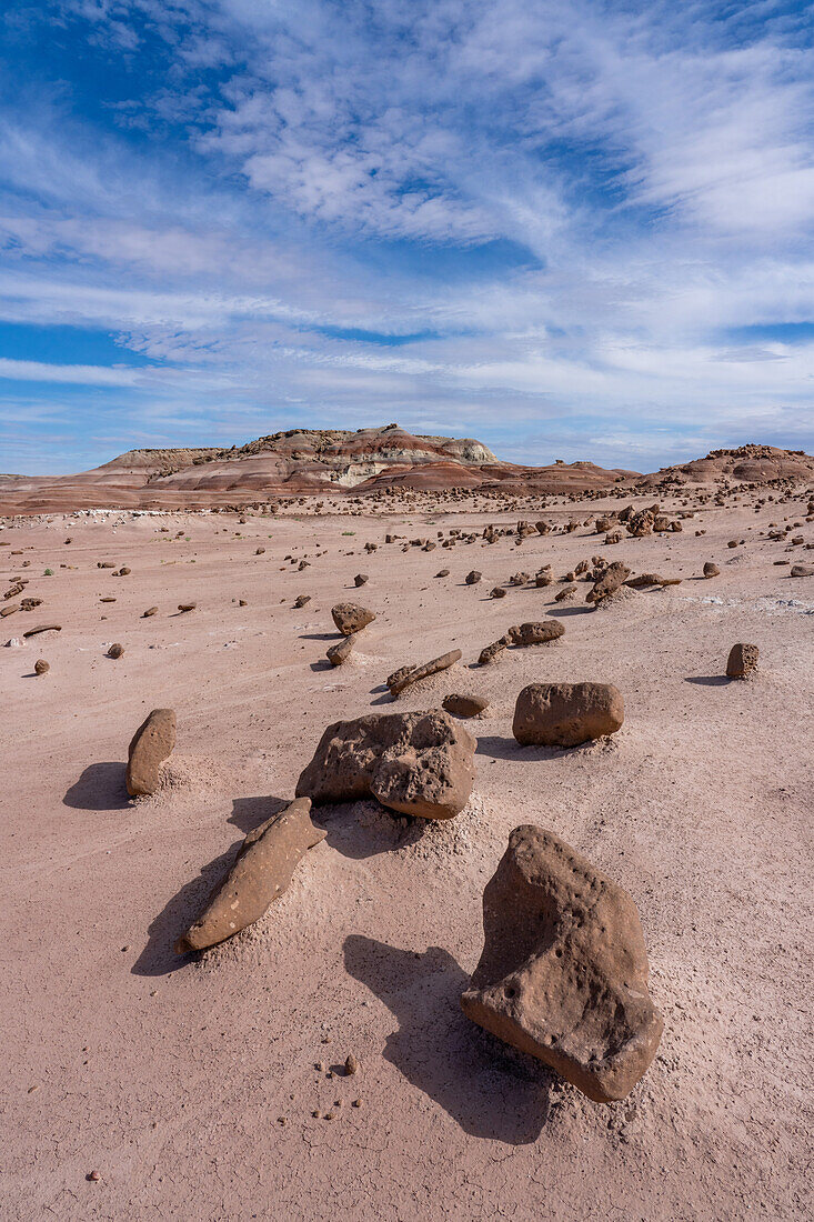Ein Sandstein-Felsenfeld und bunte Bentonit-Ton-Hügel der Morrison-Formation in der Caineville-Wüste bei Hanksville, Utah.