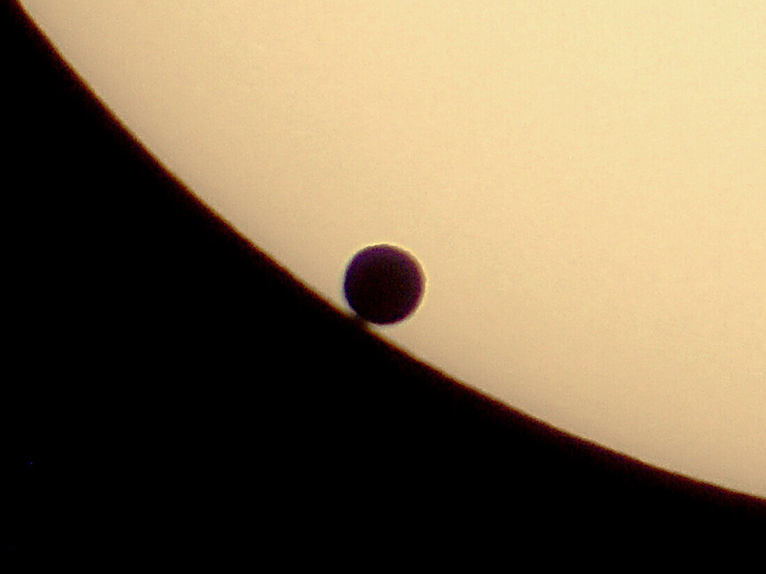 Transit der Venus, 8. Juni 2004, von Luxor, Ägypten aus. Ein einzelnes Bild, aufgenommen während des Eintauchens beim 3. Kontakt, das einen kurzen Blackdrop-Effekt zeigt. Aufgenommen mit einer Sony DSC-V1 Digitalkamera, afokal durch ein 40mm Okular und mit einem 90mm apochromatischen Refraktor, äquatorial montiert und angetrieben. Aufgenommen durch einen Baader-Sonnenfilter, der eine weiße Sonne ergibt. Die gelbe Färbung wurde in Photoshop hinzugefügt.