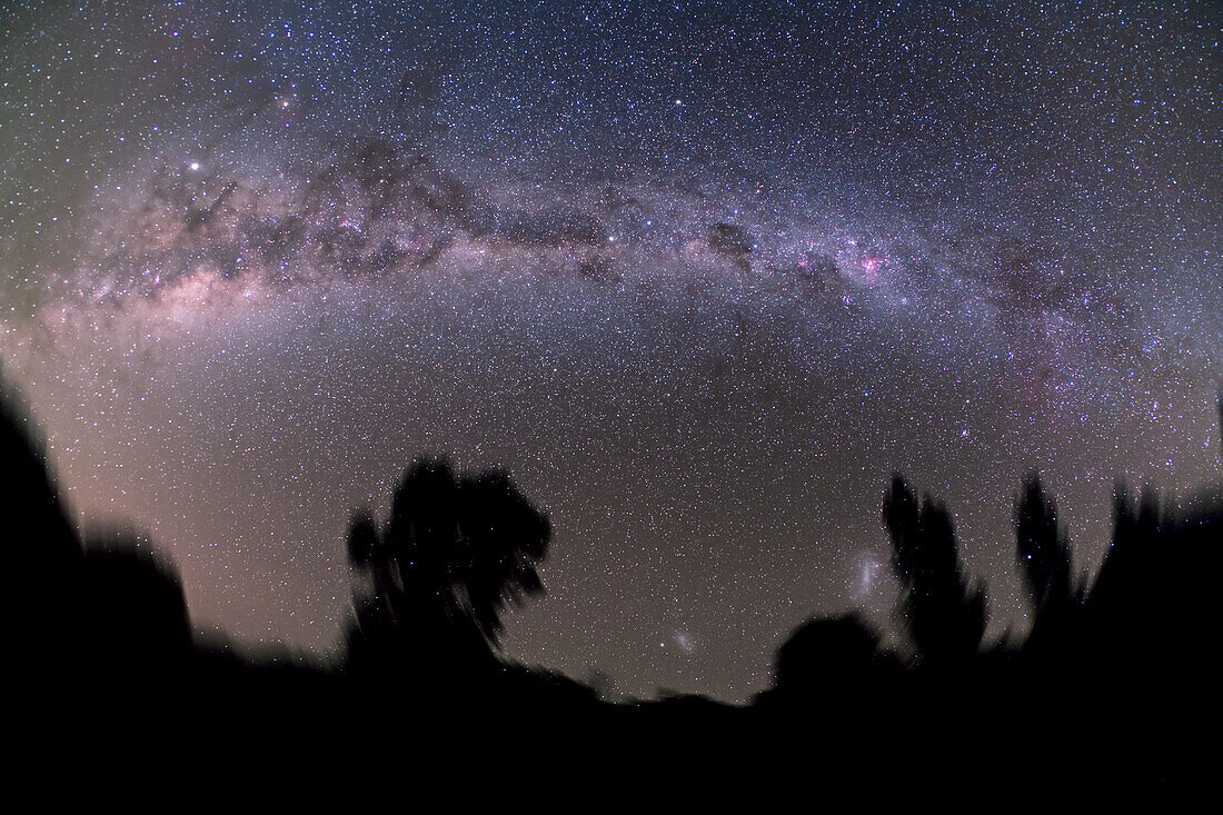Full sweep of Southern Milky Way. Taken with 15mm Canon full-frame fish-eye lens at f/4 and Hutech-modified Canon 5D for stack of 3 x 6 minute exposures at ISO 400. Ground is blurred because of stacking of 18 minutes worth of exposures nd sky is rotating around pole which is near centre of image. Taken from Coonabarabran, NSW, Australia, April 19, 2007.