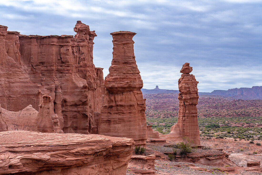 The Bottle and the Monk, eroded red sandstone features in Talampaya National Park, La Rioja Province, Argentina.