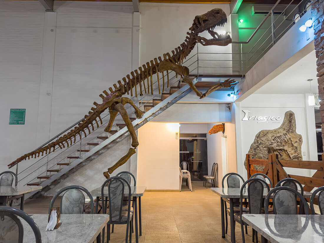 Dinosaur-themed decor in a restaurant in the tourist town of Villa San Agustin in San Juan Province, Argentina. San Agustin is the closest town with accommodations to Ischigualasto Provincial Park.