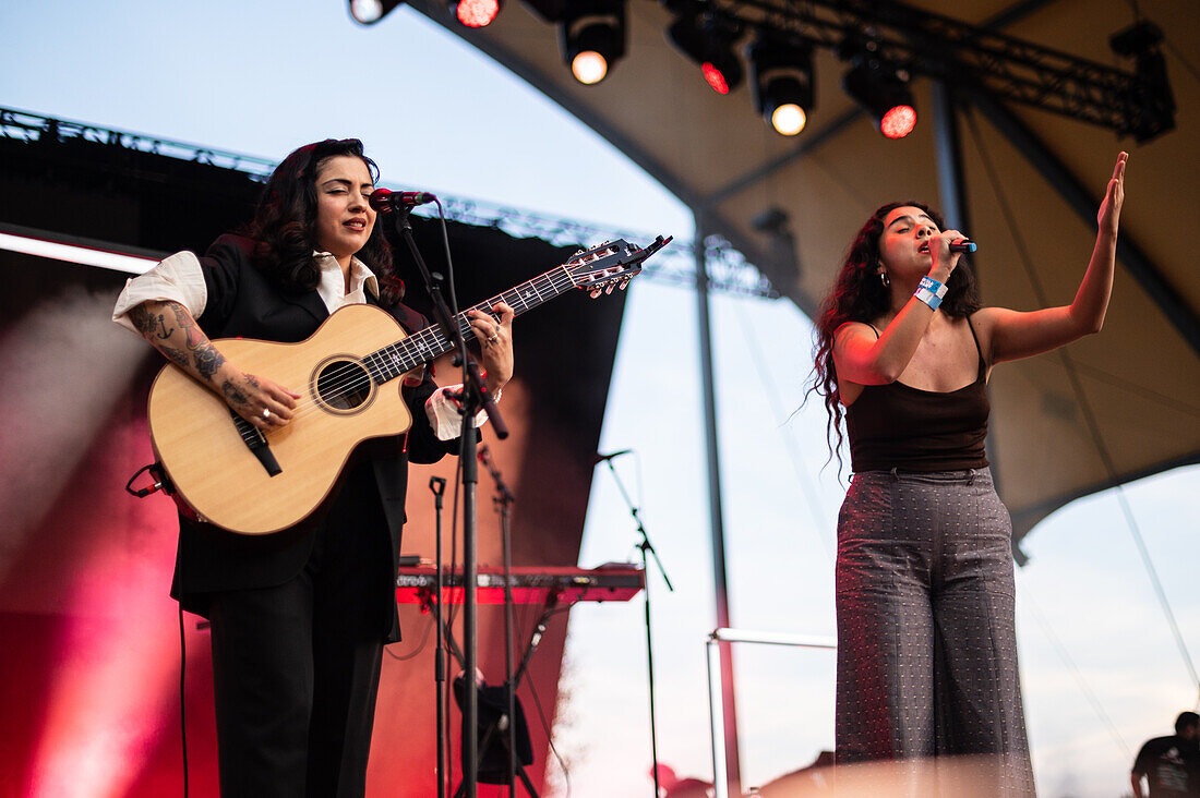 Chilean artist Mon Laferte performs with Mexican artist Silvana Estrada during Vive Latino 2022 Festival in Zaragoza, Spain