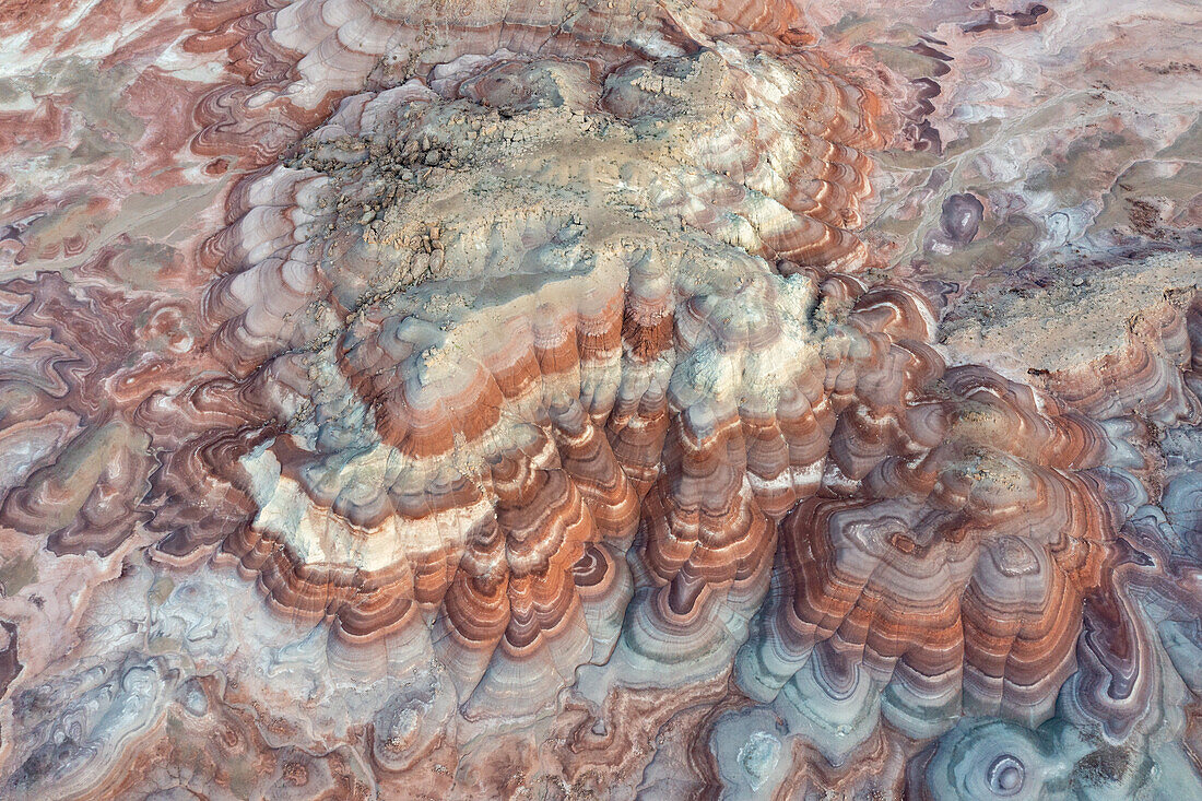 Aerial view of the colorful Bentonite Hills, near Hanksville, Utah.