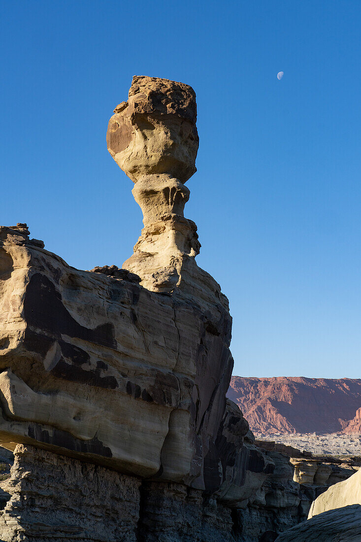 Moon over the Submarine, an eroded sandstone formation in Ischigualasto Provincial Park, San Juan Province, Argentina.