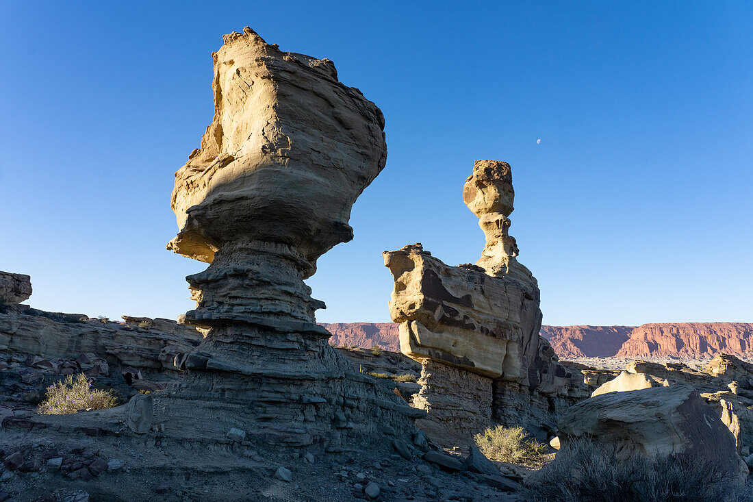 Moon over the Submarine, an eroded sandstone formation in Ischigualasto Provincial Park, San Juan Province, Argentina.