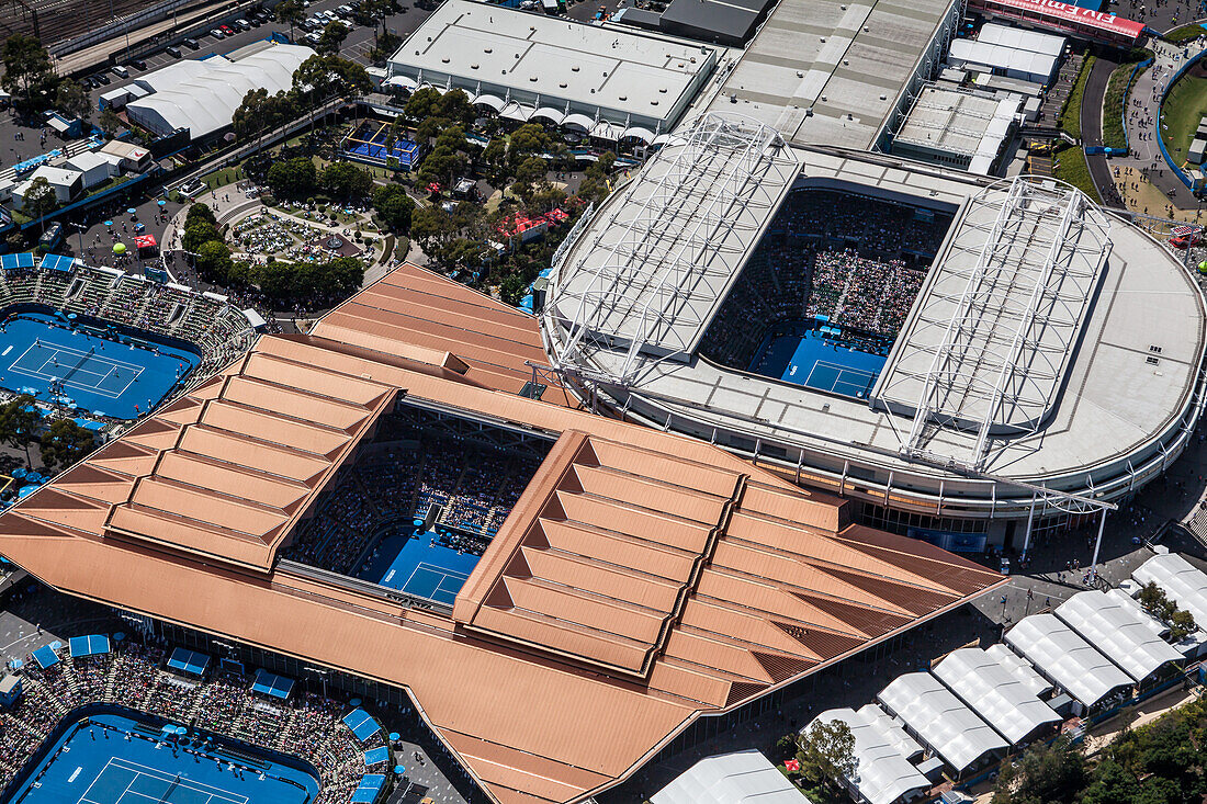 Luftaufnahme des Australian Open Tennisturniers, Melbourne, Australien.