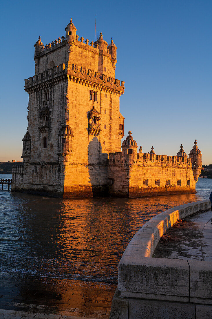 Belem Tower or Tower of St Vincent on the bank of the Tagus River at sunset, Lisbon, Portugal