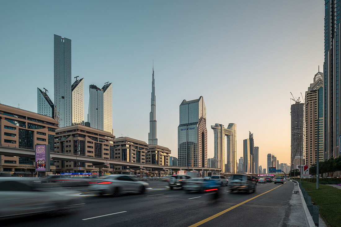 Burj Khalifa and Sheikh Zayed Road, Downtown, Dubai, United Arab Emirates, Middle East