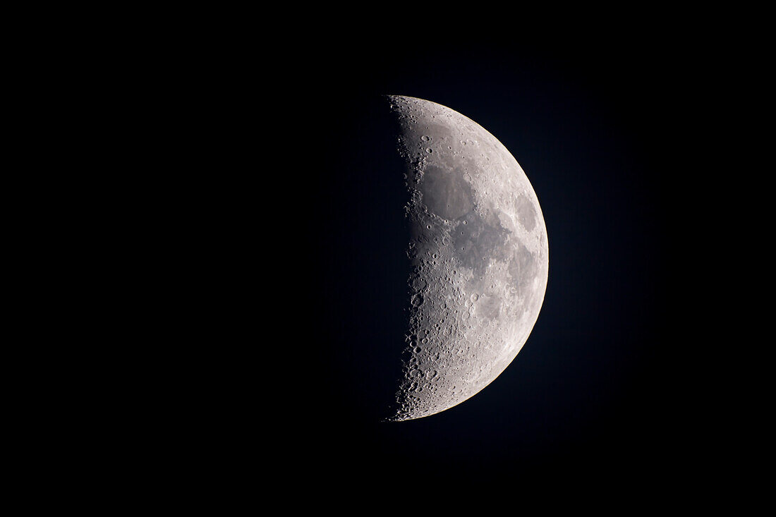Die flüchtigen Licht- und Schattengebilde namens Lunar X (unten in der Mitte am Terminator) und Lunar V (oben in der Mitte) auf dem sechs Tage alten Mond am 1. März 2020. Können Sie sie sehen?