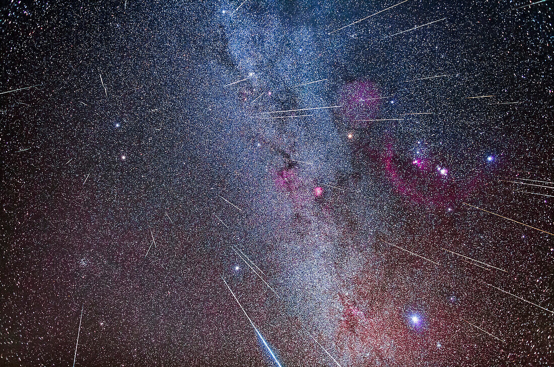 A composite showing the 2017 Geminid meteors streaking from the radiant point in Gemini at upper left, above the blue-white star Castor. 2 or 3 meteors are not Geminids as their paths do not project back to the radiant, but I have left them in regardless, as an illustration.