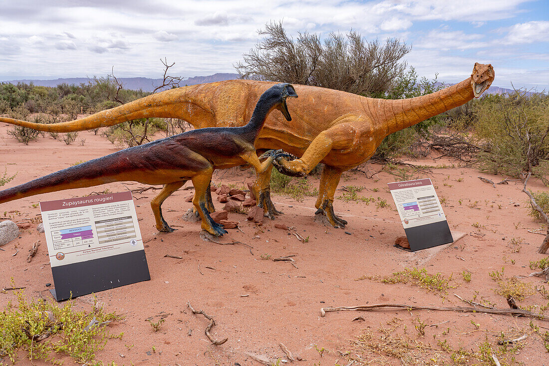 Ein Zupaysaurus rougieri greift einen Coloradisaurus brevis auf dem Triassic Trail im Talampaya National Park, Argentinien, an.
