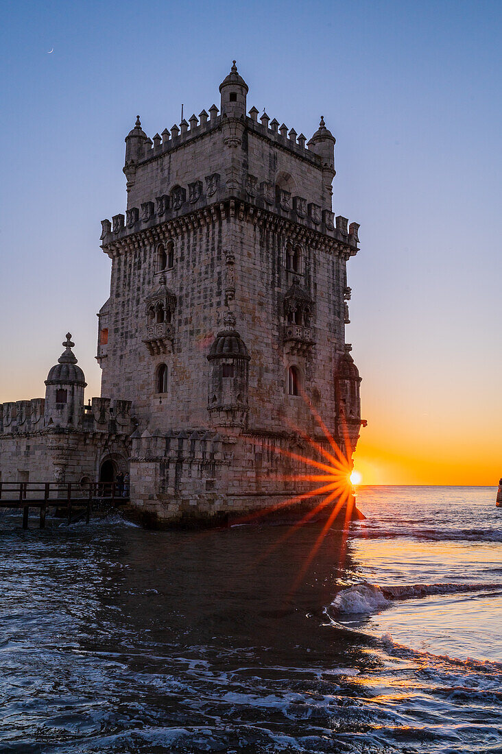 Belem Tower or Tower of St Vincent on the bank of the Tagus River at sunset, Lisbon, Portugal