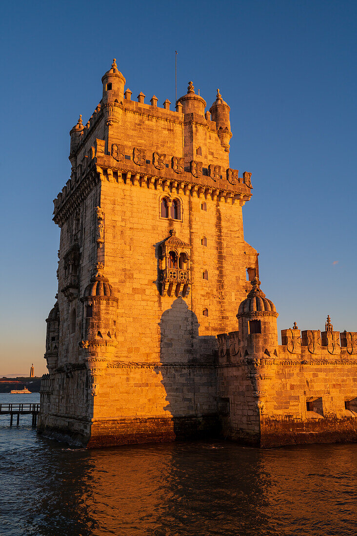 Belem Tower or Tower of St Vincent on the bank of the Tagus River at sunset, Lisbon, Portugal