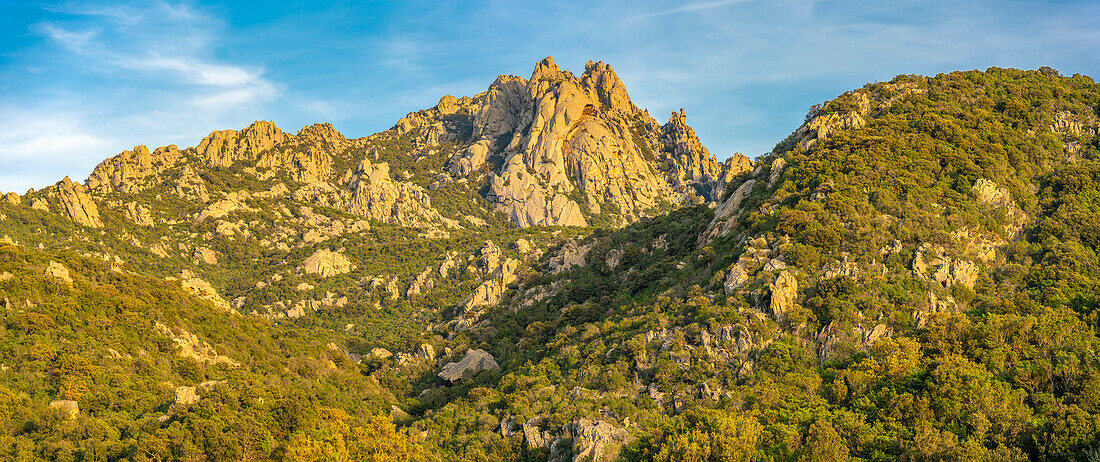 View of rock formations during golden hour near San Pantaleo, San Pantaleo, Sardinia, Italy, Mediterranean, Europe