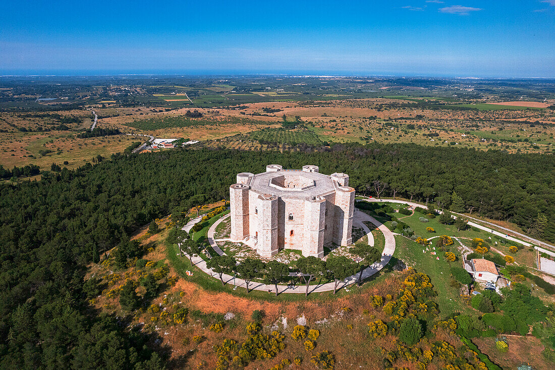 Aerial view of the white octagonal castle of Castel del Monte rising in the middle of the countryside, UNESCO World Heritage Site, Apulia, Italy, Europe