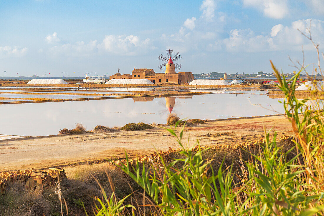 Windmill and salt flats, Saline Ettore e Infersa, Marsala, province of Trapani, Sicily, Italy, Mediterranean, Europe