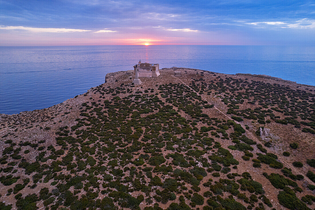 Aerial view of the fortified tower and island of Capo Passero at sunrise, Capo Passero island, Portopalo di Capo Passero municipality, Siracusa province, Sicily, Italy, Mediterranean, Europe