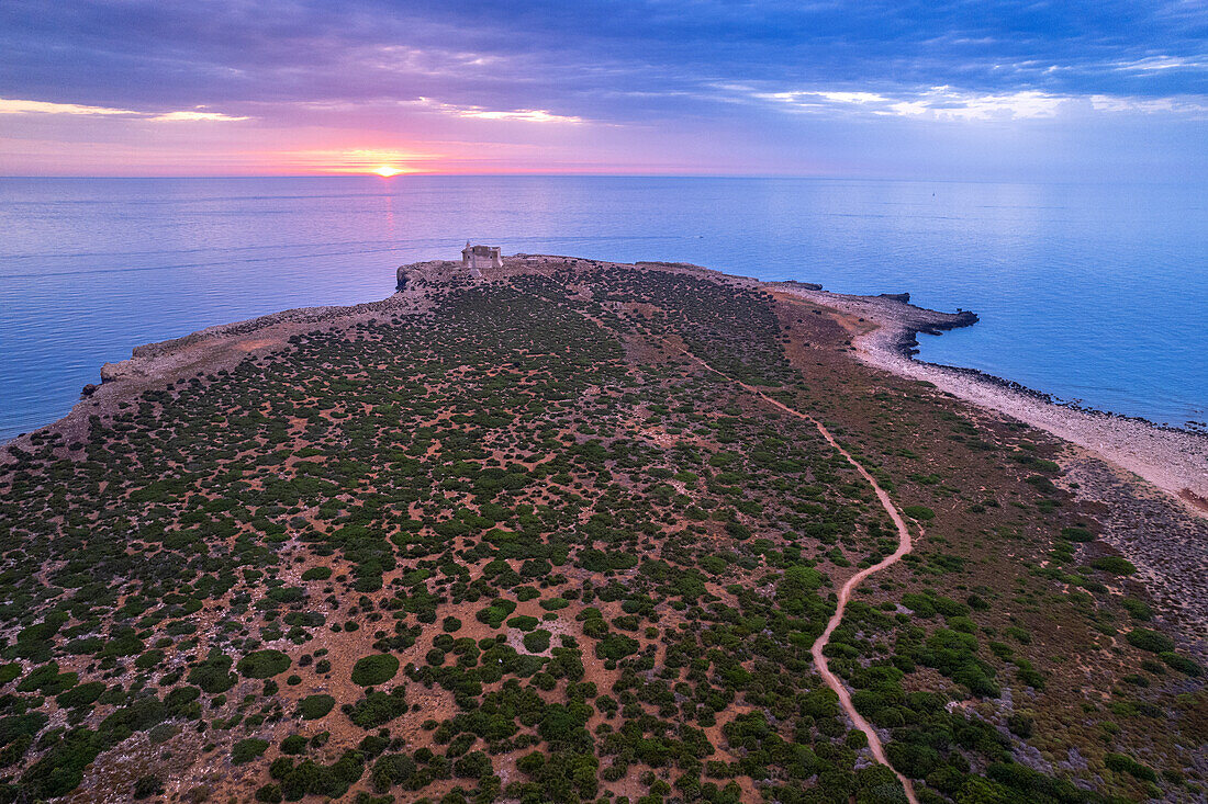 Aerial view of Capo Passero island at sunrise, Portopalo di Capo Passero municipality, Siracusa province, Sicily, Italy, Mediterranean, Europe