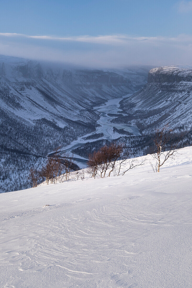 Alta Canyon and the Alta River from the Finnmark Plateau in winter, Finnmark Plateau, near Alta, Arctic Cirle, Norway, Scandinavia, Europe