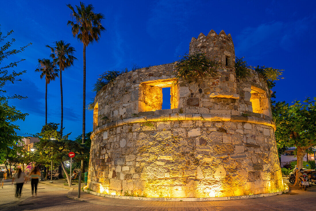 View of Southwest medieval bastion in Kos Town at dusk, Kos, Dodecanese, Greek Islands, Greece, Europe